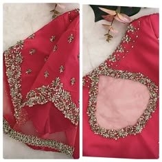 two pictures of the back and side of a pink dress with beading on it