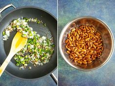 two pictures side by side one with onions and the other with almonds in it