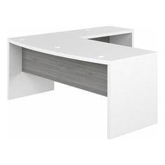 an office desk with a white and grey finish