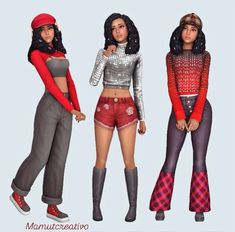 three females are standing next to each other wearing different outfits and hats, all in various colors