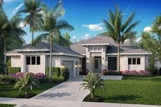 this is an artist's rendering of a house in the florida style with palm trees