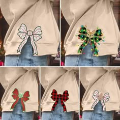 four pictures of different bows on the back of a shirt