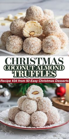 These Christmas Coconut Almond Truffles are a luxurious yet easy treat that feels like a little holiday indulgence. Each truffle has a smooth coconut filling with a hidden almond inside, all rolled in a snowy layer of shredded coconut. They look like little snowballs and taste as good as they look! Ideal for gifting, holiday parties, or just treating yourself. #CoconutAlmondTruffles #HolidayTruffles #ChristmasDesserts #EasyRecipes #FestiveTreats Cocobombs Christmas, Snowball Truffles, Christmas Desserts Recipes, Almond Truffles, Truffle Recipe Christmas, Christmas Coconut, Easy Christmas Desserts, Holiday Truffles