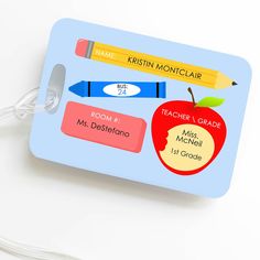 "These are a necessity when it comes to Vacationing or Back-to-School! No better way to label your little one's backpack or tote. Our colorful dye sub personalized luggage tags measure 2.75\"x4\" (.045 thick) and come complete with plastic loop for attaching to bags. All edges are round-cornered for safe handling. Please leave the following info at checkout: 1. Child's Name 2. Teacher's Name 3. Grade 4. Classroom # 5. Bus #/Pick-Up Lane/Other Info (provided it fits template) 6. School Name 7. Ph Kids Luggage Tags, Personalized School Supplies, Personalized Luggage, Teacher Name, Kids Luggage, Personalized Tags, Bag Tags, Luggage Tags, Kid Names