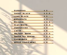 a bunch of wooden sticks that are next to each other on a white wall with the words espresso, short black, long black, macchiato, piccolato, flat white cappuccino, latti, latte, lafe