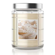 vanilla sugar scented candle in a glass jar