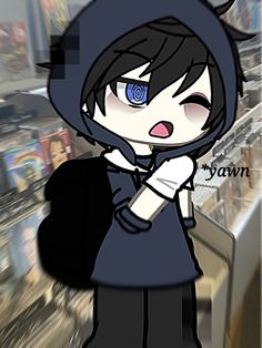 an anime character with blue eyes and black hair standing in front of a store filled with shelves