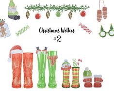 christmas wellies 2 watercolor clipart set with santa hat, boots and candy canes