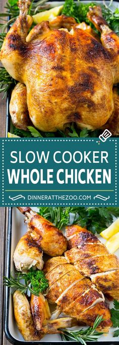 the slow cooker whole chicken is ready to be cooked in the oven and served