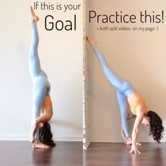 a woman doing a handstand on the floor in front of a white wall