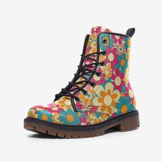 Extremely comfortable custom lightweight leather boots with my retro floral design. These are an awesome gift for anyone nostalgic about the 60s and 70s! .:Rubber sole .:Padded collar for added comfort .:Lace-up front .:Wide Fit .:Faux Leather .:Sizes 3-12 US Mens & 4.5 - 14 US Womens I Can Ship Worldwide! ** Please allow 1-3 weeks for delivery  Note that sizes listed are in US Men & Women's sizes (see pictures for size chart & conversion chart for EU and UK sizes). Best way to determine proper Hippie Gifts, Retro Boots, Hippie Boots, Hippy Gifts, 60s Retro, Flower Shoes, Conversion Chart, Retro Flowers, Retro Floral