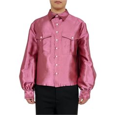 Subin Hahn Fluidwear offers a military shirt-inspired satin blouse designed for all genders. This gender-fluid-fit blouse is slightly cropped in length and cut in a boxy silhouette. It features two front pockets and full-length balloon sleeves. Color: Metallic pink. Care: Dry clean. Composition: 11% silk, 46% acetate, 43% cotton. Satin Blouse Designs, Blouse Designed, Military Shirt, Gender Fluid, Shirt Blouses Women's, Brand Magazine, Fitted Blouses, Satin Blouses, Purple Satin