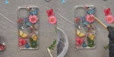 two cases with flowers and butterflies on them, one is being held by a stick