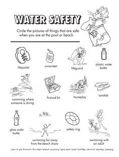 the water safety worksheet is shown in black and white, with instructions for how to