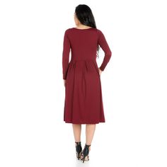 A fall wardrobe must have. This midi dress for women is great for any occasion whether casual or dressy. Featuring a round neckline, long sleeves, midi length hemline, pleated waist, and pockets for a finishing touch. Pair this fit n flare dress with ballet flat for a casual look or create a dressy look with heels. Available in nine beautiful color options, youll want one in every color. Made from a soft and comfortable stretch material that is machine washable for easy care. Fit And Flare Midi Dress, Flare Midi Dress, Midi Dress For Women, Hem Style, Fit N Flare Dress, Pocket Dress, Fall Wardrobe, Fit And Flare Dress, Classic Looks