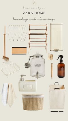 an assortment of kitchen items including utensils, soap dispenser, and cleaning products