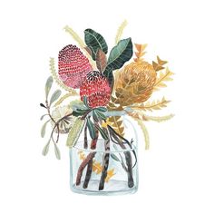 a watercolor painting of flowers in a glass vase with leaves and berries on the side