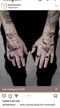 two hands with tattoos on them