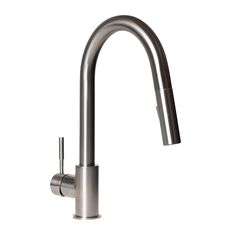 a stainless steel sink faucet with an angled spout and pull out sprayer