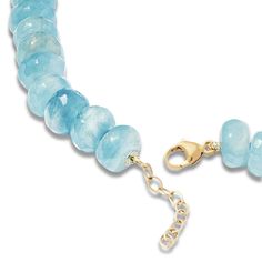 Beautiful Aquamarine necklace hand knotted and set in 14 karat gold. Aquamarine 14 Karat Gold 16 to 17 inches Handmade in NYC About the stone Aquamarine’s name comes from the Latin for seawater and it was said to calm waves and keep sailors safe at sea. March’s birthstone was also thought to enhance the happiness of marriages. Healing Properties Aquamarine evokes the purity of crystalline waters and the exhilaration and relaxation of the sea. This tranquil blue stone is calming, soothing, and cleansing, and inspires truth, trust and letting go. In ancient times, Aquamarine crystals were believed to be the treasure of mermaids, and was used by sailors as a talisman of good luck, fearlessness and protection. It was also considered a stone of eternal youth and happiness. Today it protects all Elegant Rondelle Necklace With Lobster Clasp, Adjustable Yellow Gold Necklace With Gemstone Beads, Adjustable Hand-strung Yellow Gold Necklace, Blue Hand Knotted Round Bead Necklaces, Blue Hand-knotted Round Bead Necklaces, Blue Hand-knotted Necklaces, Fine Jewelry Single Strand Briolette Necklace, Gold Rondelle Hand-strung Necklaces, Gold Jewelry With Hand-knotted Round Beads