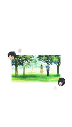 an anime scene with two people walking in the grass, and one person standing next to trees