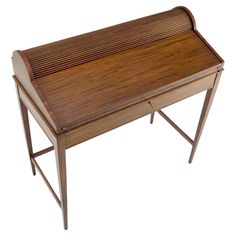 a wooden desk with two drawers on one side and an open drawer on the other