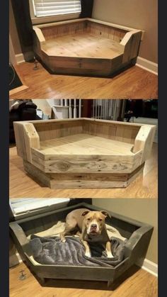 the dog bed is made out of pallet wood