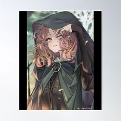 an anime character with long hair wearing a cloak poster