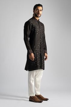 Brown straight kurta featuring thread embroidered floral petal motifs highlighted by crystals. Comes with pant. - Aza Fashions Eid Fitted Kurta With Tonal Embroidery, Eid Straight Kurta With Tonal Embroidery, Festive Traditional Wear With Tonal Embroidery For Eid, Eid Festive Traditional Wear With Tonal Embroidery, Traditional Festive Kurta With Tonal Embroidery, Festive Tonal Embroidery Sets For Eid, Festive Sets With Tonal Embroidery For Eid, Fitted Traditional Kurta With Tonal Embroidery, Men Kurta