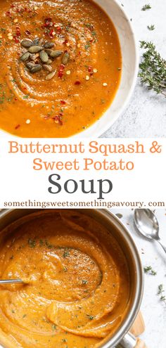 butternut squash and sweet potato soup in a white bowl