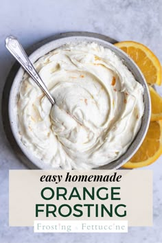 an orange frosting in a bowl with the title overlay reads easy homemade orange frosting