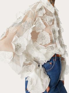 Long Sleeves Loose Buttoned Embroidered See-Through Three-Dimensional Flower Lapel Blouses & Shirts Tops WHITE-S Flower Shirt Outfit, Embroided Top, Embroidered Tshirts, Shirt With Flowers, Lace Trend, Minimalist Blouse, Half Sleeve Shirt, Flower Lapel, Lantern Sleeve Top