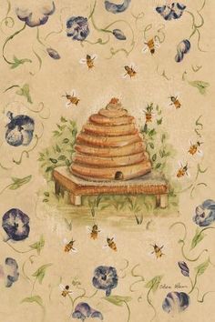 a painting of a beehive with flowers and vines around it