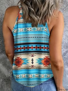 Peilia - Chic Geometric Print Halter Neck Top - Sleek Sleeveless Summer Attire for Women Printed Sleeveless Casual Tank Top, Casual Printed Sleeveless Tank Top, Casual Printed Sleeveless Vest, Casual Sleeveless Printed Tops, Beach Halter Neck Printed Tank Top, Casual Halter Neck Tank Top For Vacation, Blue Printed Sleeveless Top, Casual Blue Printed Tank Top, Casual Multicolor Vacation Vest