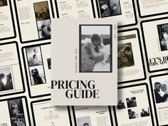 the pricing guide is displayed in front of black and white photos