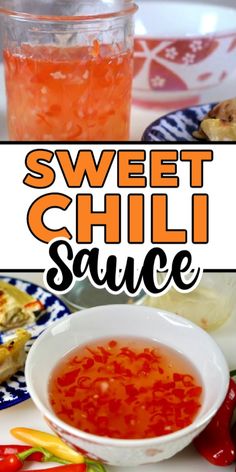 sweet chili sauce in a white bowl on a plate with peppers and other food items