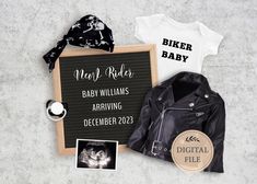 a baby announcement is displayed next to a black and white sign with the words, mary rider, baby williams, arriving december 2012