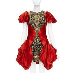 ALEXANDER MCQUEEN 2010 Angels Demons Runway red gold puff dress IT40 S Beyonce  | eBay Alexander Mcqueen 2010, Queen Outfit, Puff Dress, Pleated Sleeves, High Relief, Angels And Demons, Gold Thread, Gold Threads, Beyonce