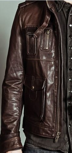 Brown leather with multiple pocket and zippers.  Jackets are another place to show off your personal style. Leather Jacket Men Style, Men Closet, Mens Jackets Casual, Jackets Men Fashion