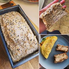 there are pictures of food in the pans and on the table, including bread