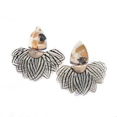 Intricate and unique, these handcrafted statement earrings will stand out with class and originality. The bespoke glazing and finishing process creates truly distinctive designs accomplished by the artisan, handcrafted clay is accented with 18k gold leaf and finished with hand selected, sustainably sourced feathers.  Each pair, made by the artist in the USA, resonates with elegance and artistry. Discover the joy of lightweight and easy to wear statement earrings as original as you. All posts are hypoallergenic and nickel free, all items are made to order and due to the hand crafted nature each pair will be entirely unique. All items are made of polymer clay, which is a water-resistant, super light, slightly flexible material. Pieces are delicate and should not be bent or dropped. Makeup or Woman Hats, 2023 Wishlist, Fan Decoration, Tarnish Remover, Feather Fan, Half Circle, Peacock Feather, Intricate Designs, Jewelry Maker