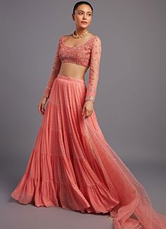 Mirai Coral Peach Tiered Lehenga Set Chamee n Palak - Fabilicious Fashion Lehenga Simple, Tiered Lehenga, Circle Skirt Outfits, Peach Lehenga, Peach Bridesmaid, Fashion Design Books, Sequence Embroidery, Full Sleeve Blouse, Lehenga Designs Simple