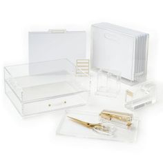 Slim File Box Bundle | russell+hazel Acrylic Desk Accessories, Acrylic Items, File Boxes, Acrylic Desk, Gold Office, Acrylic Drawers, Hanging File Folders, Work Space Organization, Stylish Aesthetic