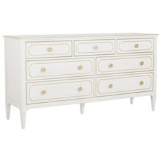 a white dresser with gold knobs on the top and bottom drawers, against a white background