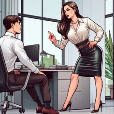 a man and woman in an office setting talking to each other