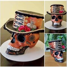 three different pictures of a skull wearing a hat with flowers on the top and bottom