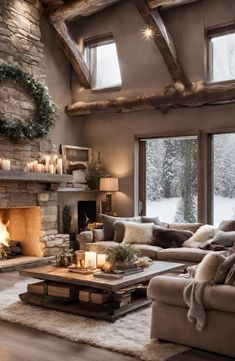 a living room filled with furniture and a fire place in front of a stone fireplace