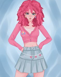 a drawing of a girl with pink hair wearing a skirt and cardigan top, standing in front of a blue background