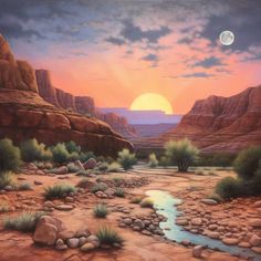 a painting of a river in the desert with mountains and trees around it at sunset