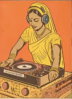 a woman in headphones is playing music on a turntable with an old record player